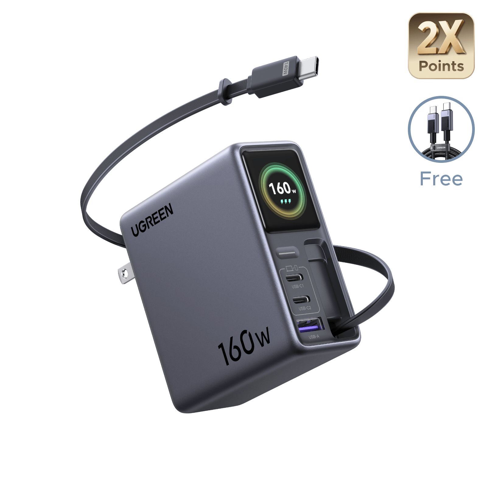 UGREEN Nexode Pro 160W Charger with Retractable USB-C Cable