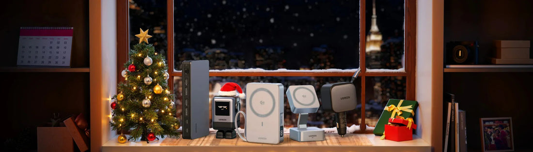Festive UGREEN chargers displayed on a windowsill 