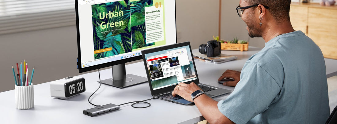 Ugreen USB-C hub in dual-monitor workspace