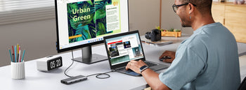 Ugreen USB-C hub in dual-monitor workspace