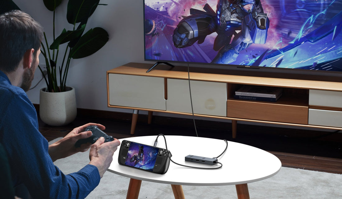 UGREEN docking station connecting a handheld gaming console to a TV for living room gaming