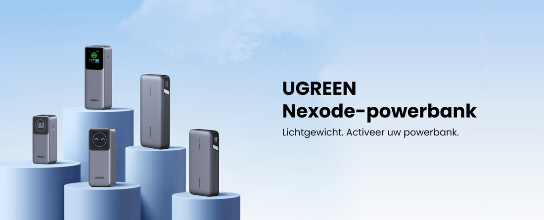 UGREEN Nexode power bank lineup displayed on blue podiums with Dutch promotional text