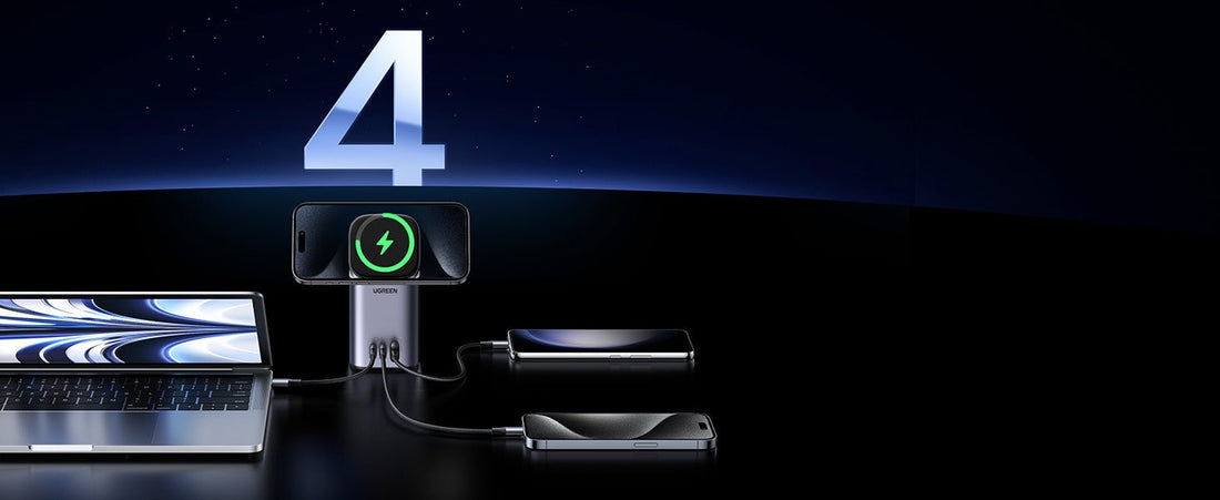 UGREEN 4-in-1 charging station powering a laptop and phones on a desktop setup