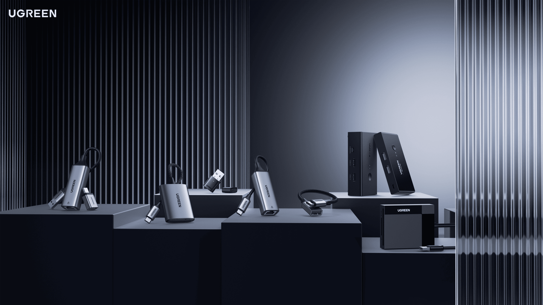 UGREEN USB-C hubs, docking stations, adapters, and cables in a premium product display.