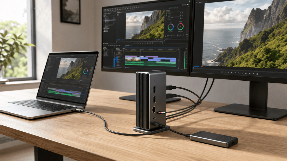 Laptop and dual monitors connected through a Thunderbolt 5 docking station for video editing