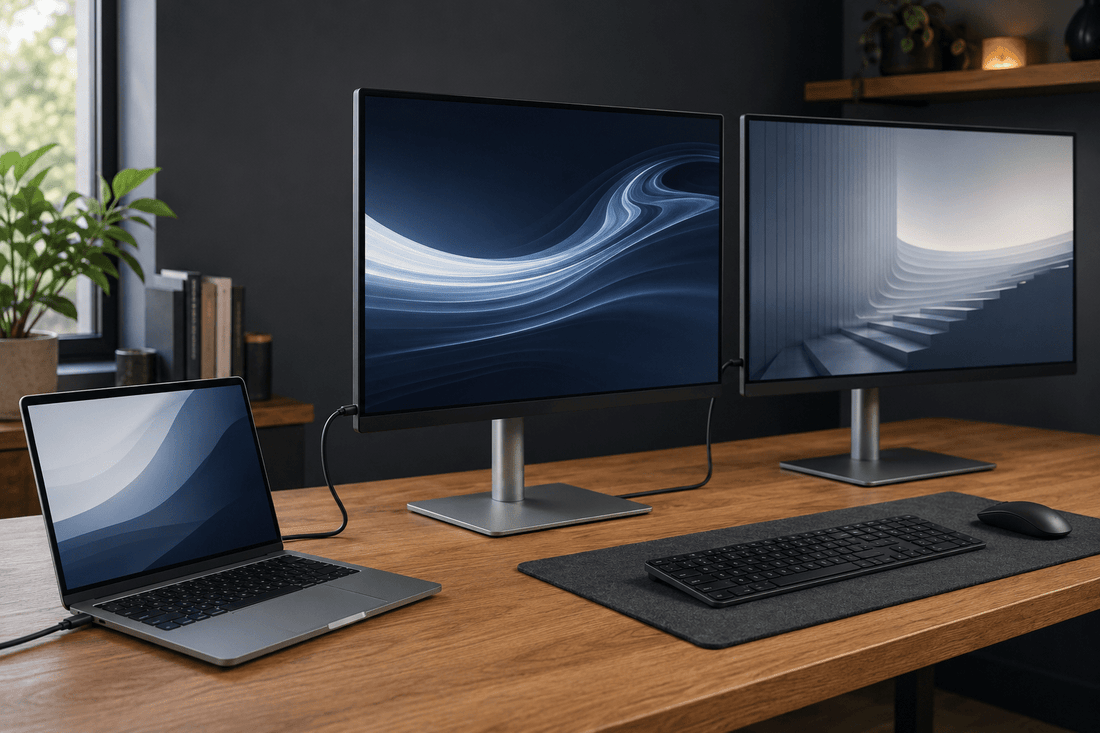 Laptop daisy-chained to two external monitors with Thunderbolt cables on a home office desk