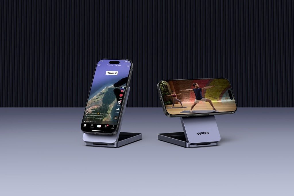 UGREEN foldable phone stand holding smartphones in portrait and landscape mode on a desk