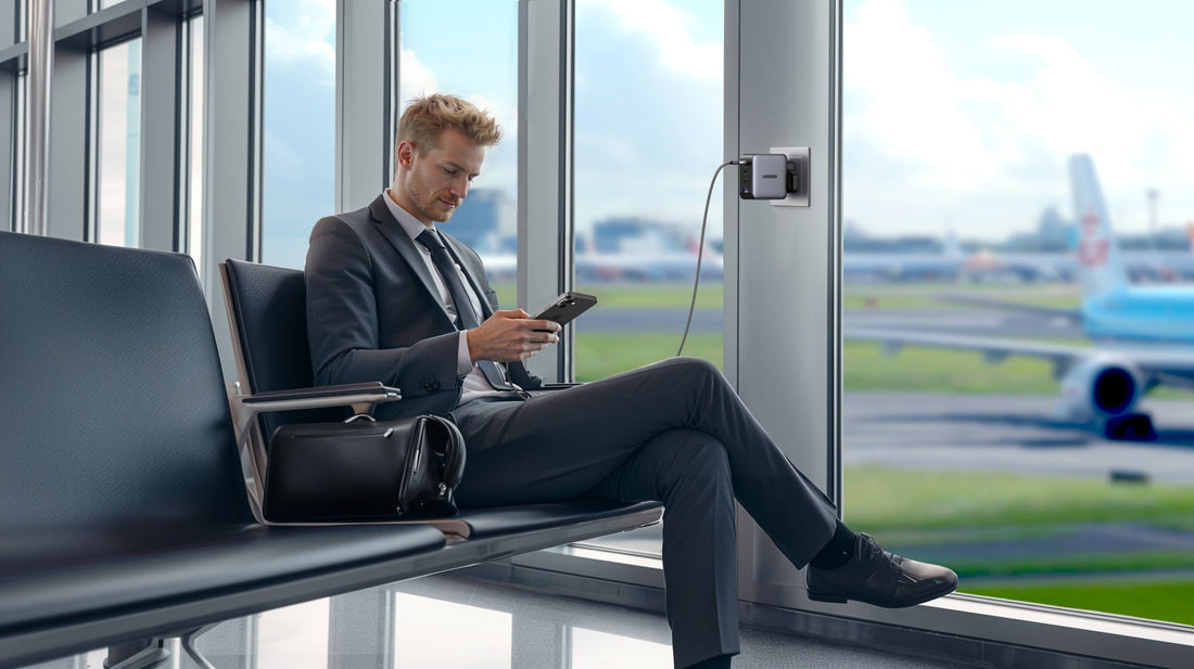 a man use usb charger in Airport