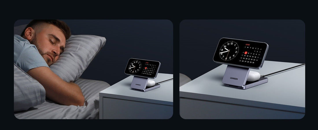 Phone on a wireless charging stand used as a bedside clock while a man sleeps