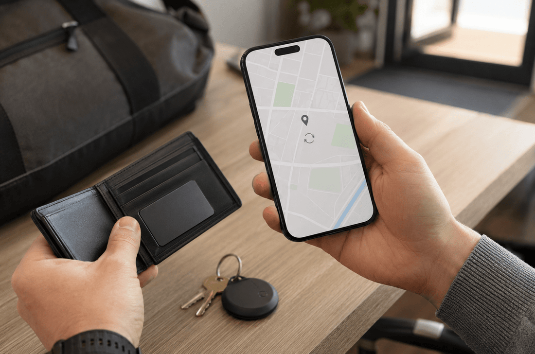 Phone showing a stale location beside a wallet and Bluetooth trackers
