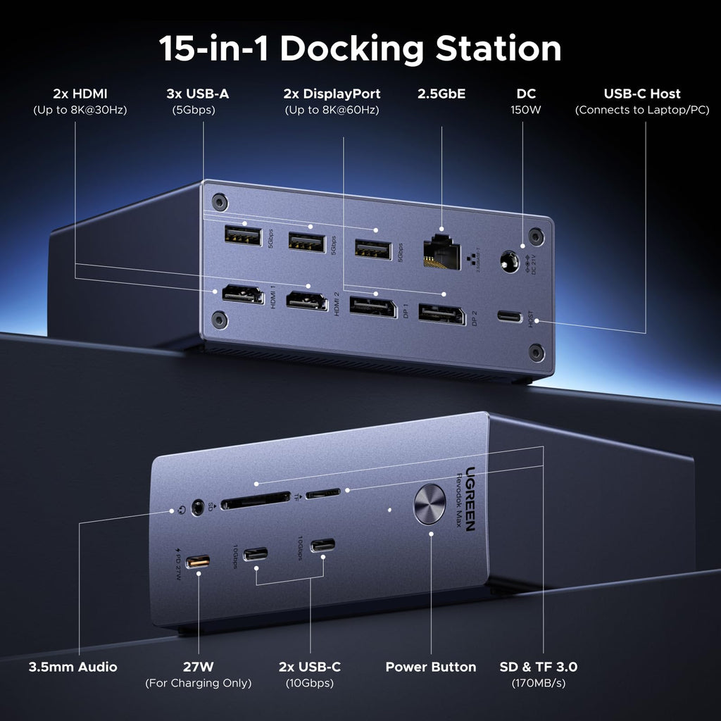 UGREEN USB-C DisplayLink Docking Station, Quad Monitor, Driver Required