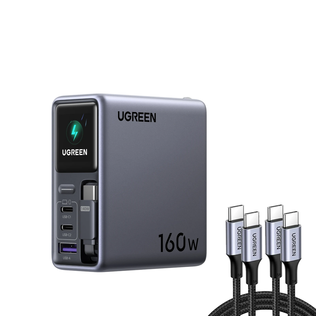 UGREEN 160W Retractable Charger + 100W Cable 2-Pack