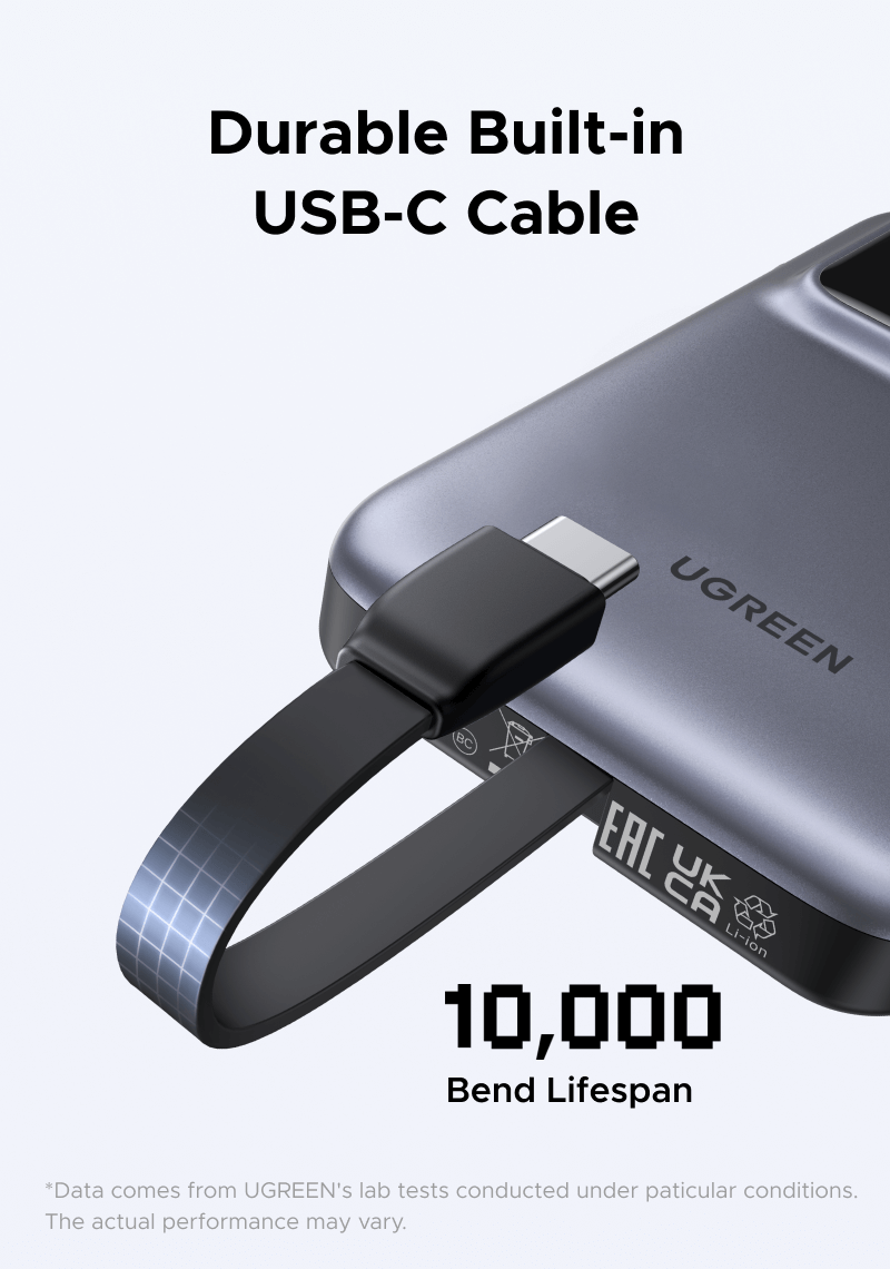 UGREEN Uno Power Bank 10000mAh 30W, UGREEN power bank durable built-in usb-c cable