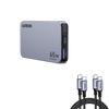 UGREEN  Nexode Pro 65w ultra iphone charger in a sleek gray color, featuring multiple ports (USB-C1, USB-C2, USB-A) and two UGREEN USB-C cables with braided cords.