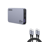 UGREEN  Nexode Pro 65w ultra iphone charger in a sleek gray color, featuring multiple ports (USB-C1, USB-C2, USB-A) and two UGREEN USB-C cables with braided cords.