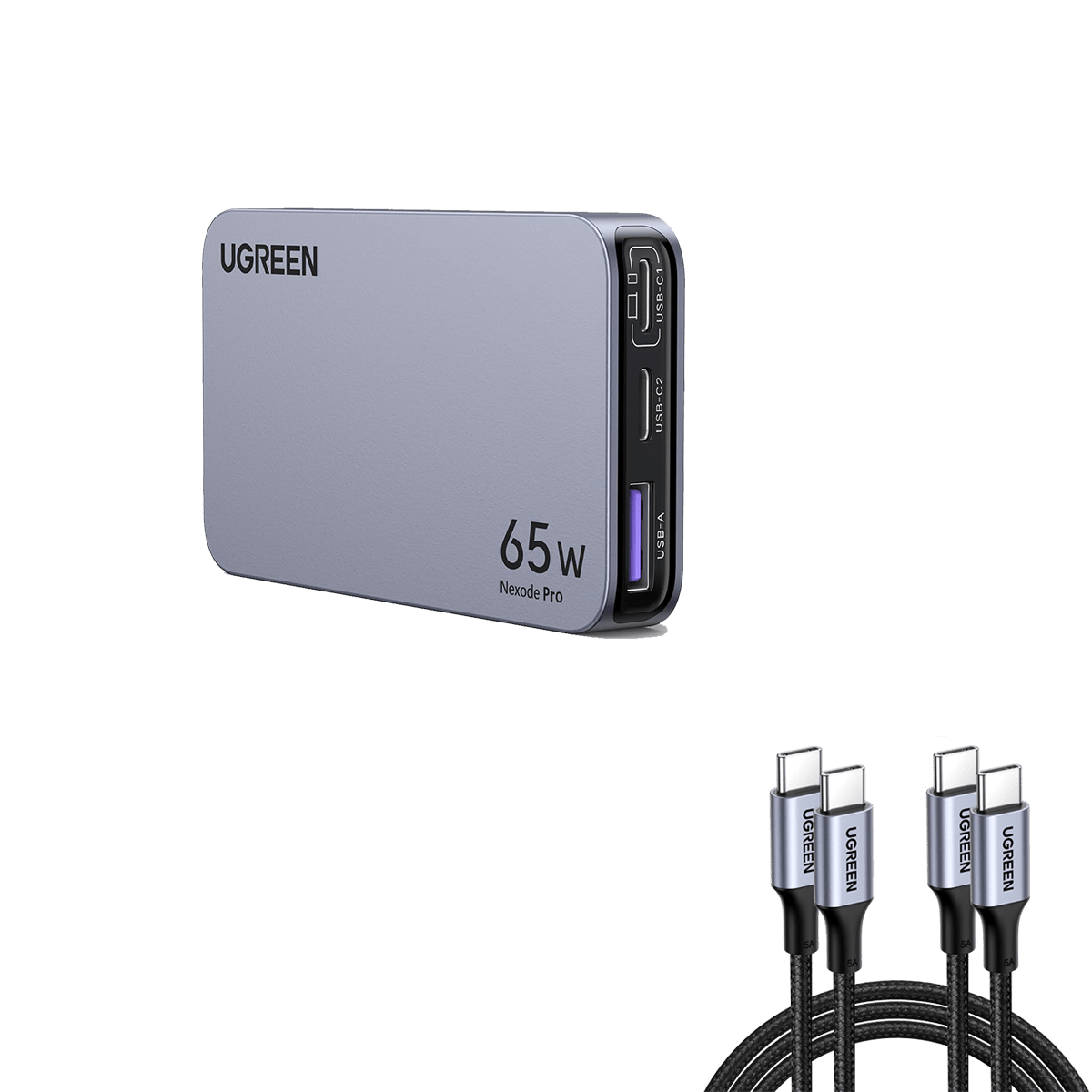 UGREEN  Nexode Pro 65w ultra iphone charger in a sleek gray color, featuring multiple ports (USB-C1, USB-C2, USB-A) and two UGREEN USB-C cables with braided cords.