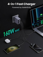 UGREEN  Nexode Pro 160W charger highlighting its 4 IN 1 feature, enabling fast charging of a laptop,  a two phone, and earbuds simultaneously. Powered by GaNInfinity, the charger is shown in use with devices connected, emphasizing its multi-device charging capability.