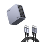 UGREEN  Nexode Pro 160W  in a sleek gray color, featuring 4 ports (USB-C1, USB-C2, USB-C3,USB-A) and two UGREEN USB-C cables with braided cords.