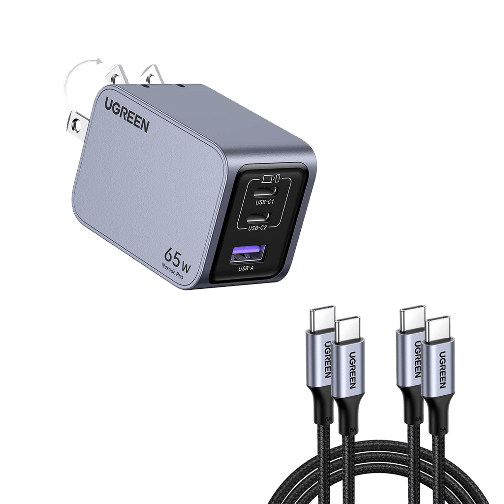 UGREEN nexode pro 65w iphone charger  in silver with multiple ports (USB-C1, USB-C2, USB-A) and two UGREEN USB-C cables with braided cords.