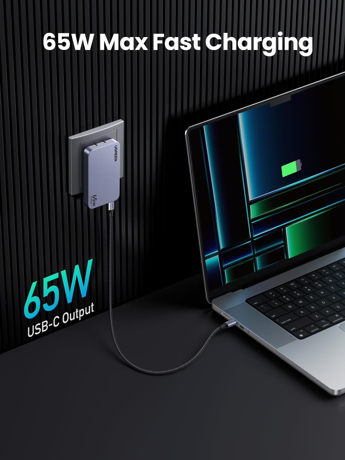 altUGREEN  Nexode Pro 65w ultra iphone charger It is plugged into a wall socket and connected to a laptop via a USB-C cable, highlighting the 65W USB-C output."
