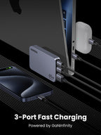 UGREEN  Nexode Pro 65w ultra iphone charger highlighting its 3 IN 1 feature, enabling fast charging of a laptop, a phone, and earbuds simultaneously. Powered by GaNInfinity, the charger is shown in use with devices connected.