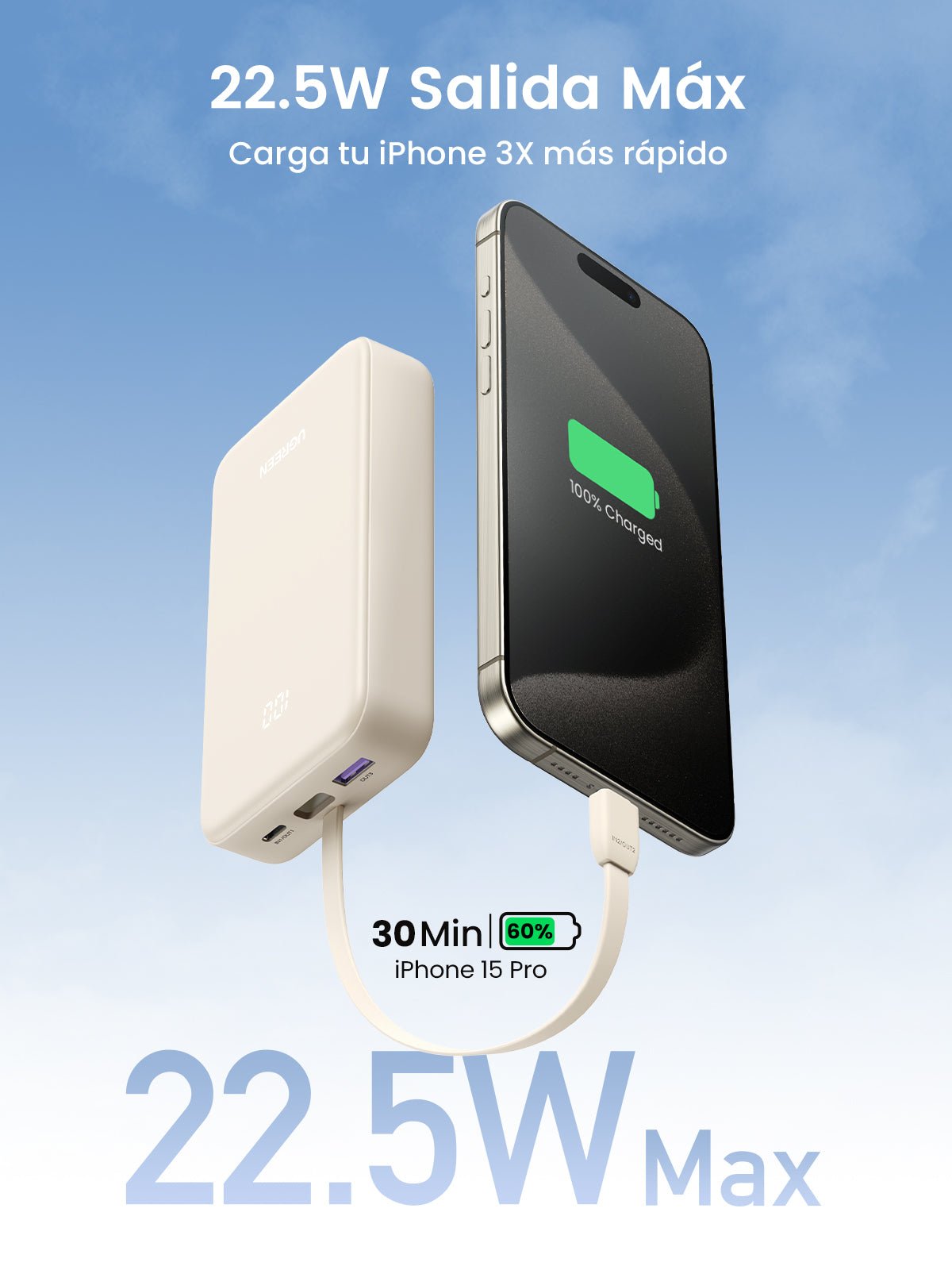 UGREEN 20000mAh 22.5W Power Bank Portable Battery with Built-in USB C Cable