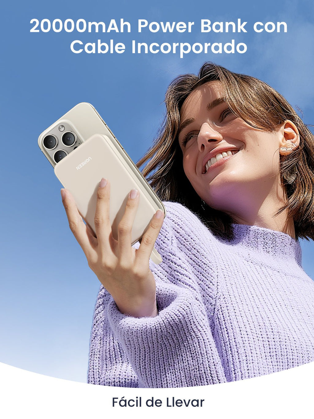 UGREEN 20000mAh 22.5W Power Bank Portable Battery with Built-in USB C Cable