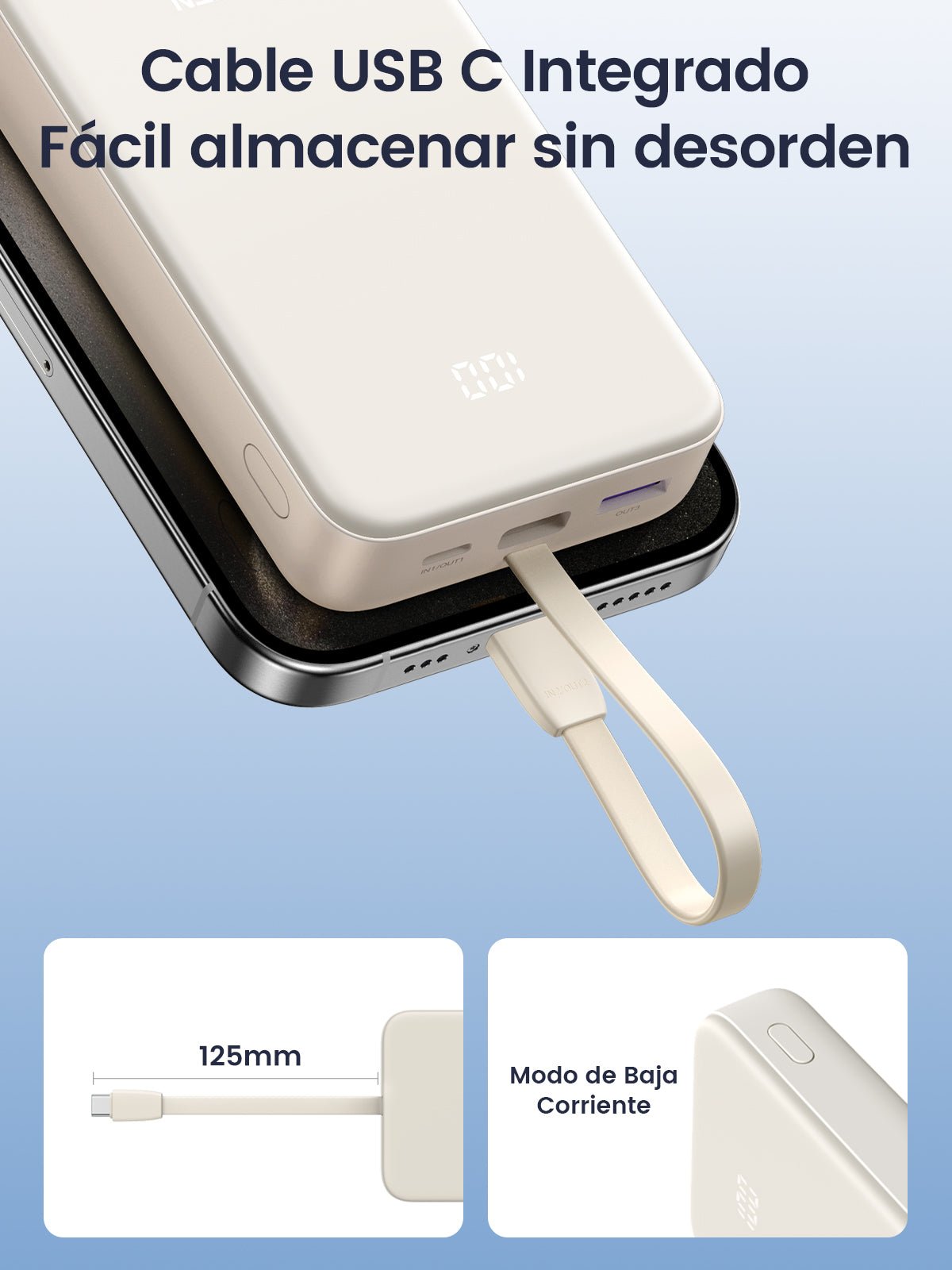 UGREEN 20000mAh 22.5W Power Bank Portable Battery with Built-in USB C Cable