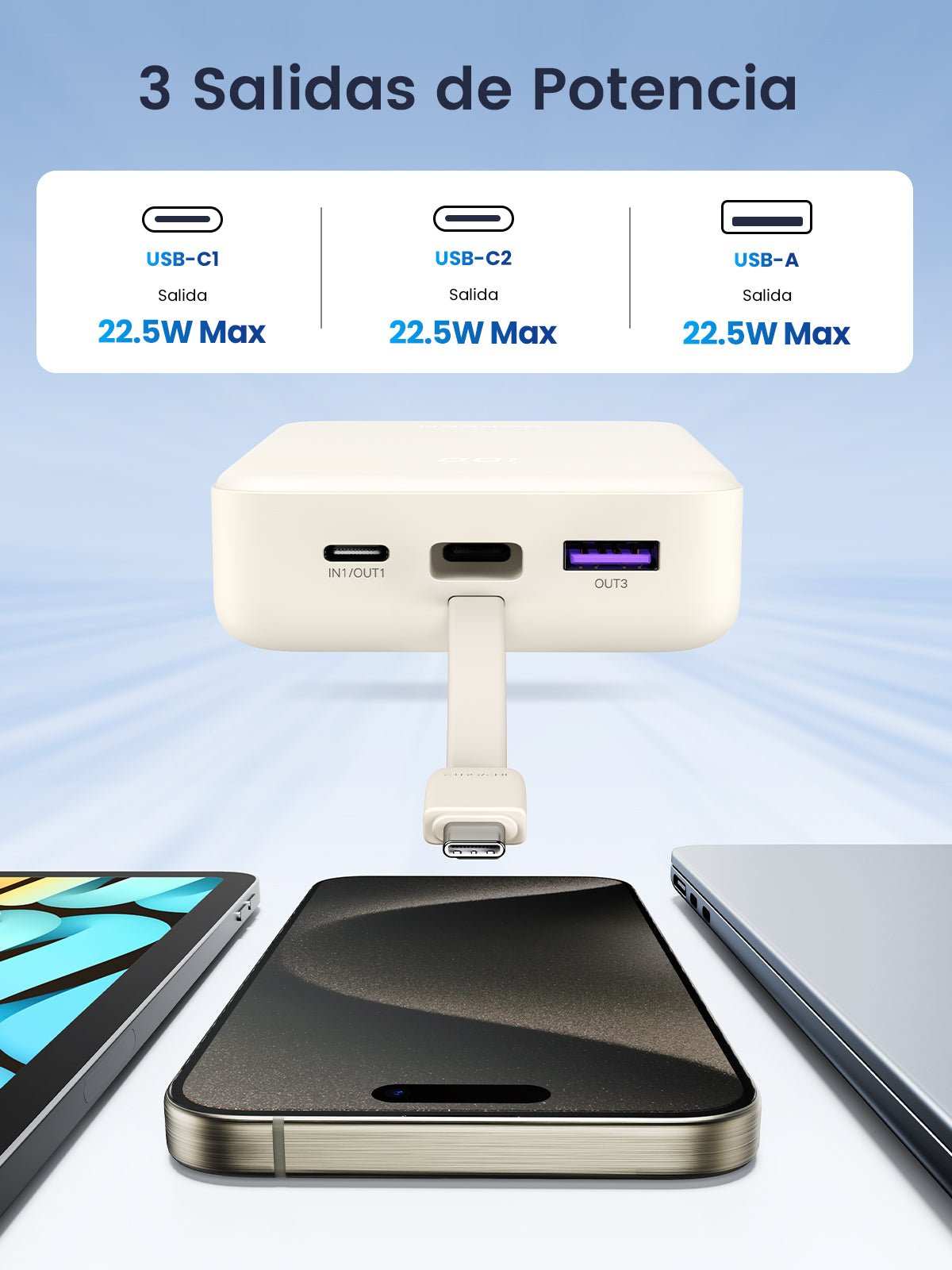 UGREEN 20000mAh 22.5W Power Bank Portable Battery with Built-in USB C Cable