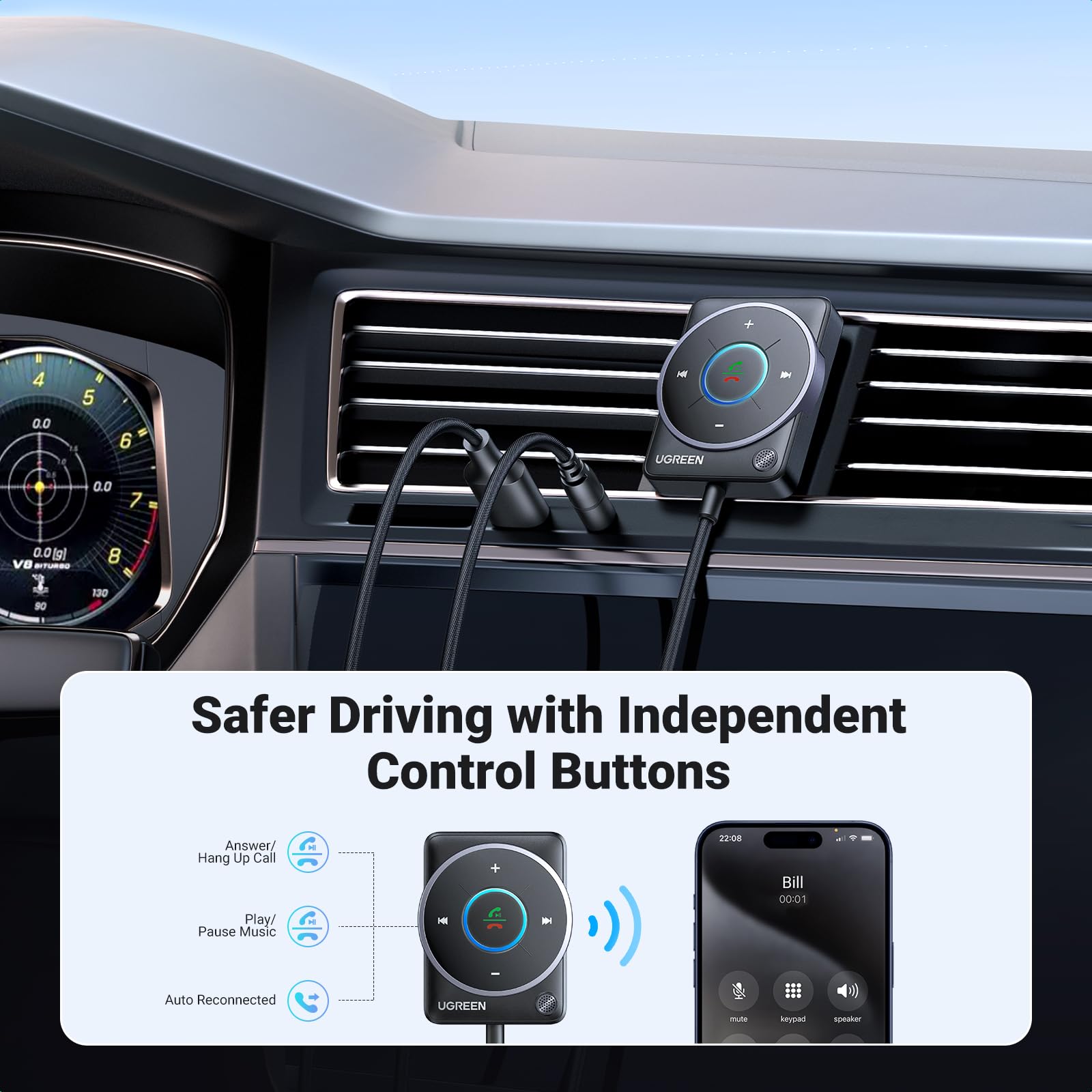 UGREEN Aux Bluetooth 5.4 Adapter For Car - Safer driving with independent control buttons