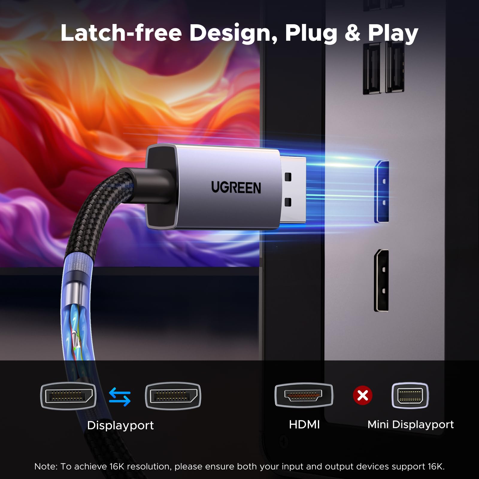 UGREEN 80Gbps 16K@60Hz 1080P@540Hz DisplayPort Cable 2.1 DP Cord, 16FT