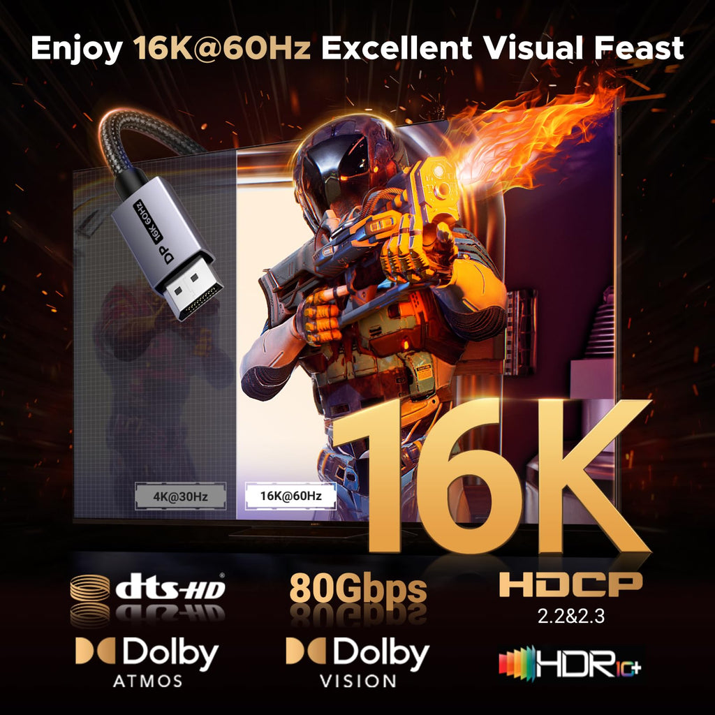UGREEN 80Gbps 16K@60Hz 1080P@540Hz DisplayPort Cable 2.1 DP Cord, 16FT