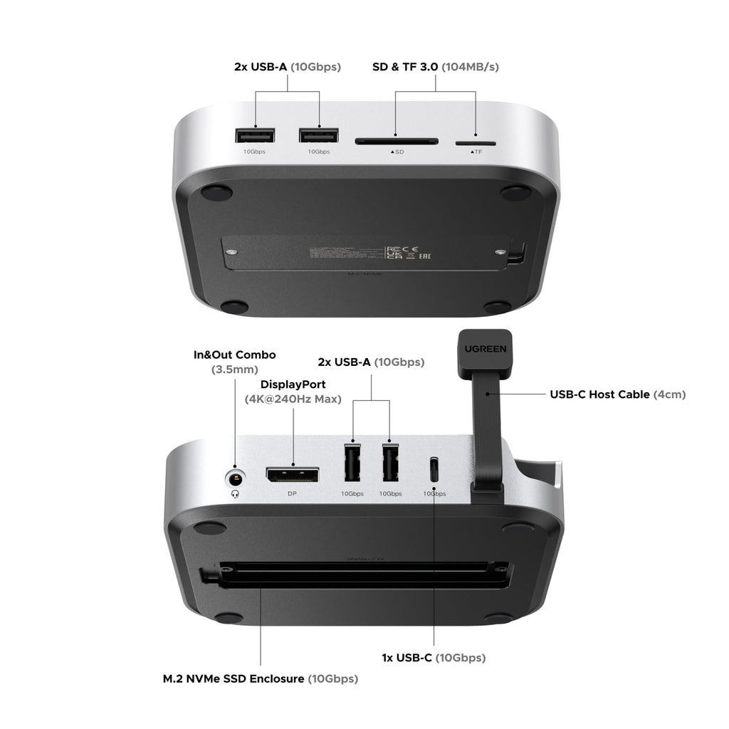 UGREEN Mac Mini M4 dock features multiple front and rear ports including USB-A and USB-C 10Gbps, SD and TF card slots up to 104MB/s, DisplayPort up to 4K@240Hz, a 3.5mm audio jack, and an M.2 NVMe SSD enclosure.