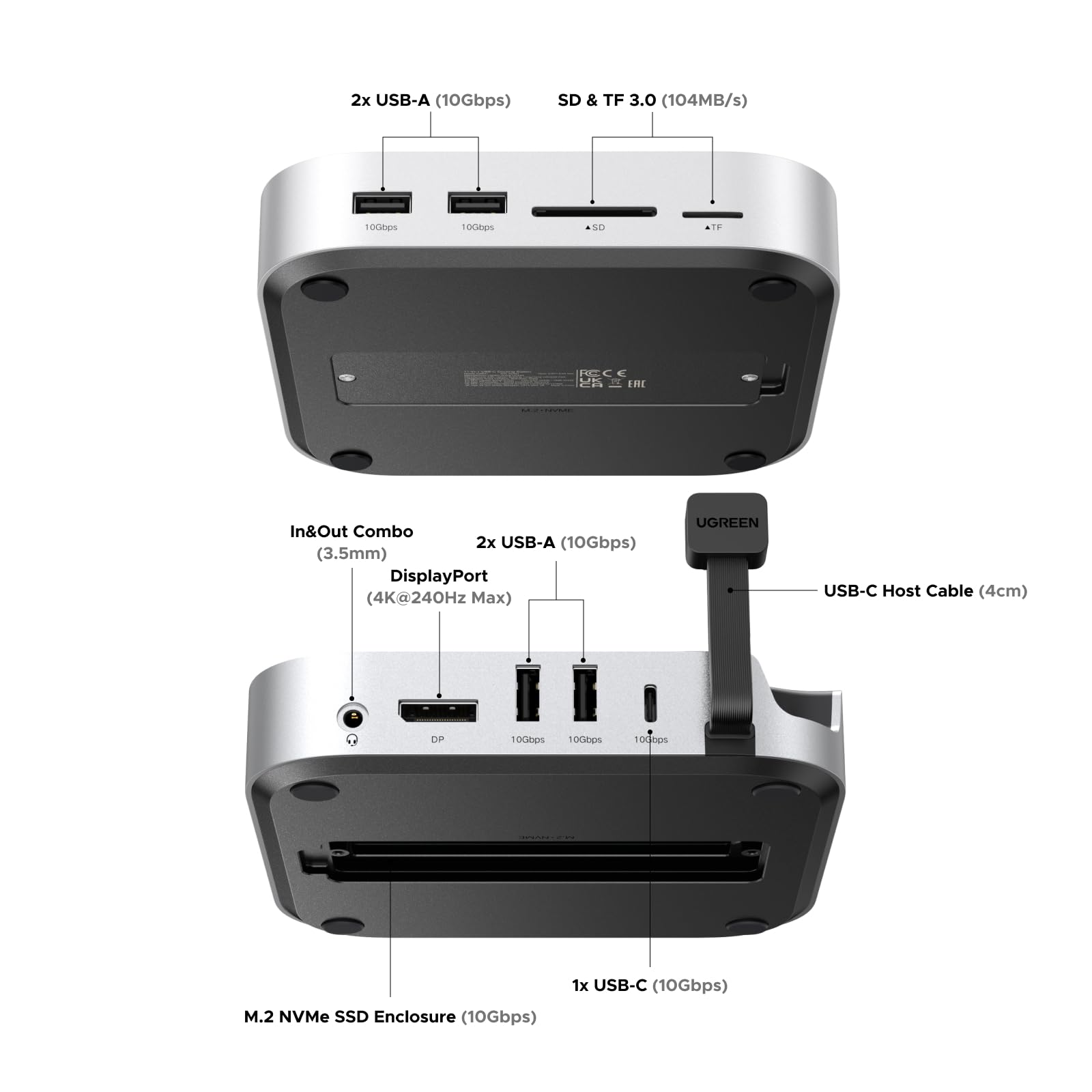 UGREEN Mac Mini M4 dock features multiple front and rear ports including USB-A and USB-C 10Gbps, SD and TF card slots up to 104MB/s, DisplayPort up to 4K@240Hz, a 3.5mm audio jack, and an M.2 NVMe SSD enclosure.