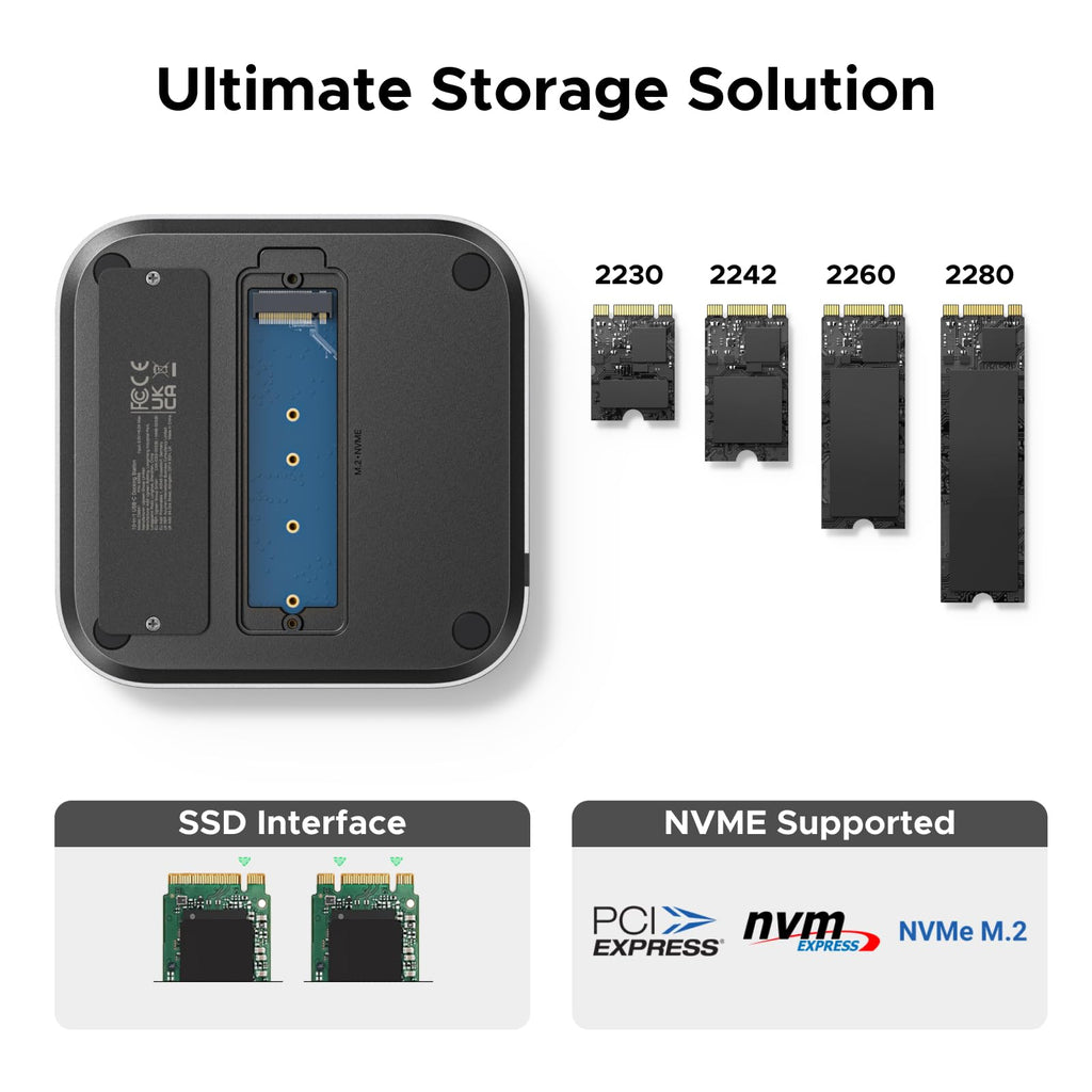 UGREEN Mac Mini M4 dock supports NVMe M.2 SSDs in 2230, 2242, 2260, and 2280 sizes, making it easy to expand storage with wide SSD compatibility.