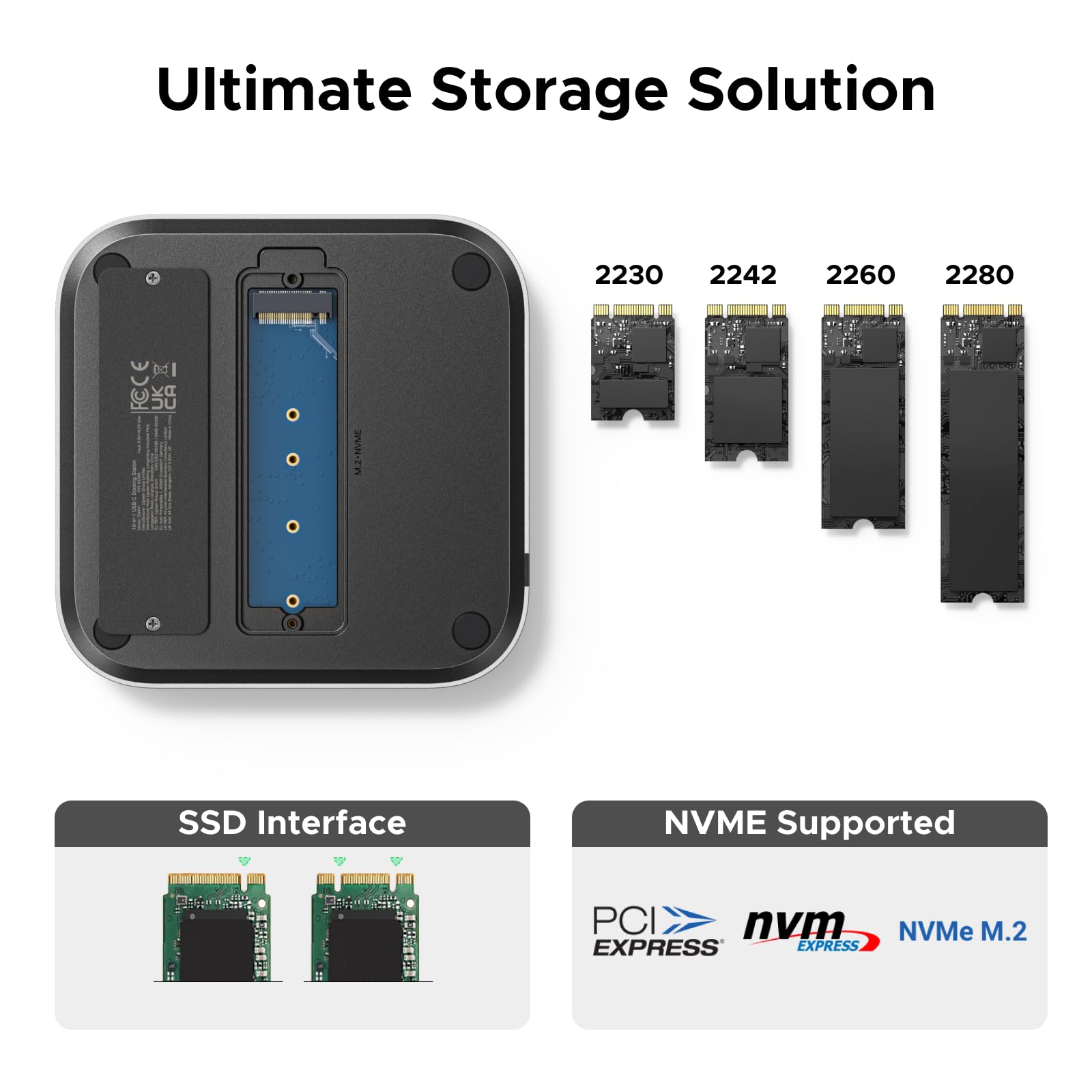 UGREEN Mac Mini M4 dock supports NVMe M.2 SSDs in 2230, 2242, 2260, and 2280 sizes, making it easy to expand storage with wide SSD compatibility.
