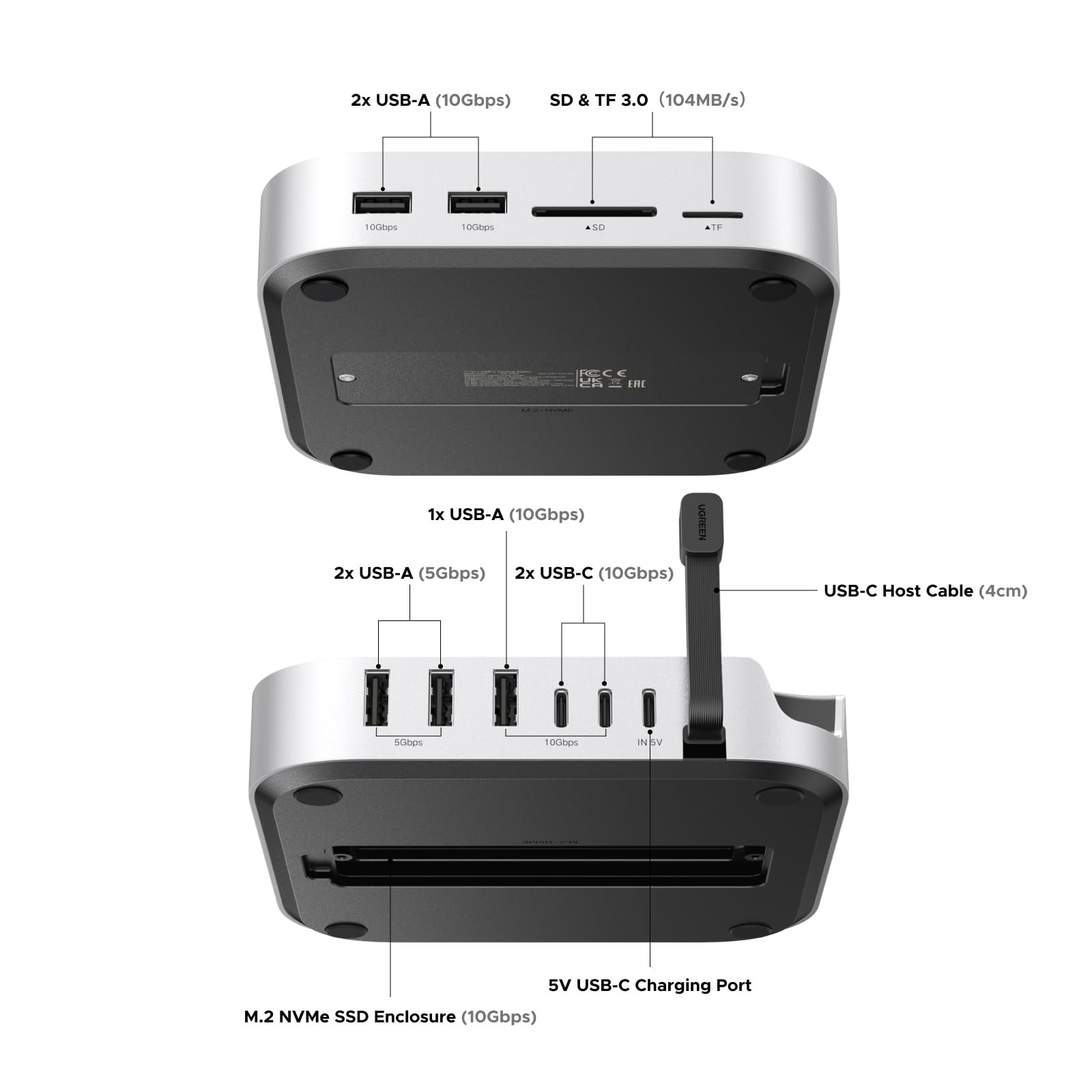 UGREEN Mac Mini M4 dock features multiple front and rear ports including USB-A and USB-C 10Gbps, SD and TF card slots up to 104MB/s, DisplayPort up to 4K@240Hz, a 3.5mm audio jack, and an M.2 NVMe SSD enclosure.