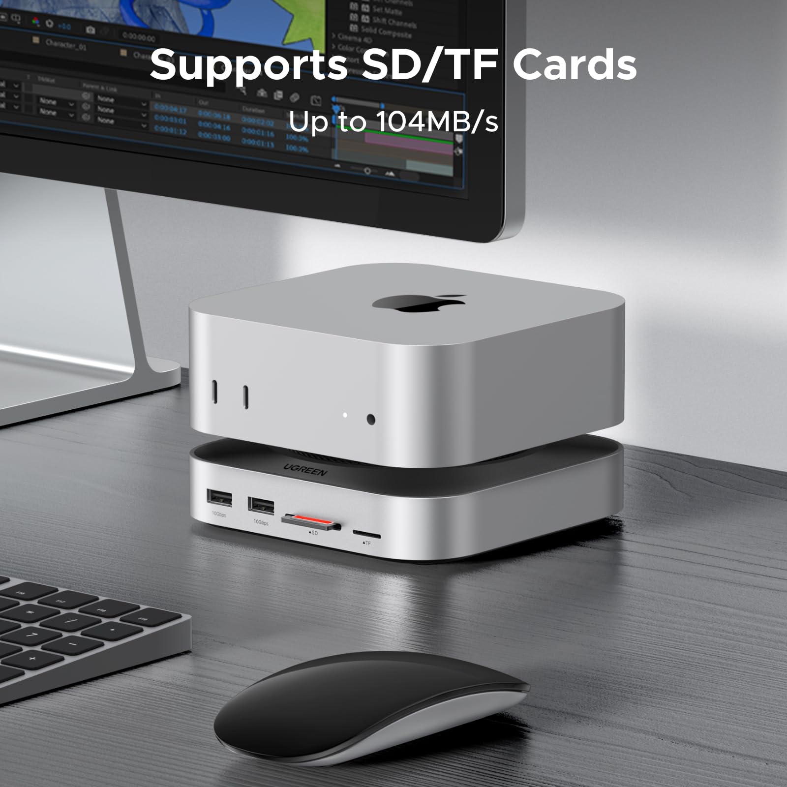 UGREEN Mac Mini M4 dock includes front-facing SD and microSD card slots for quick access, supporting transfer speeds up to 104MB/s for efficient photo and video workflow.