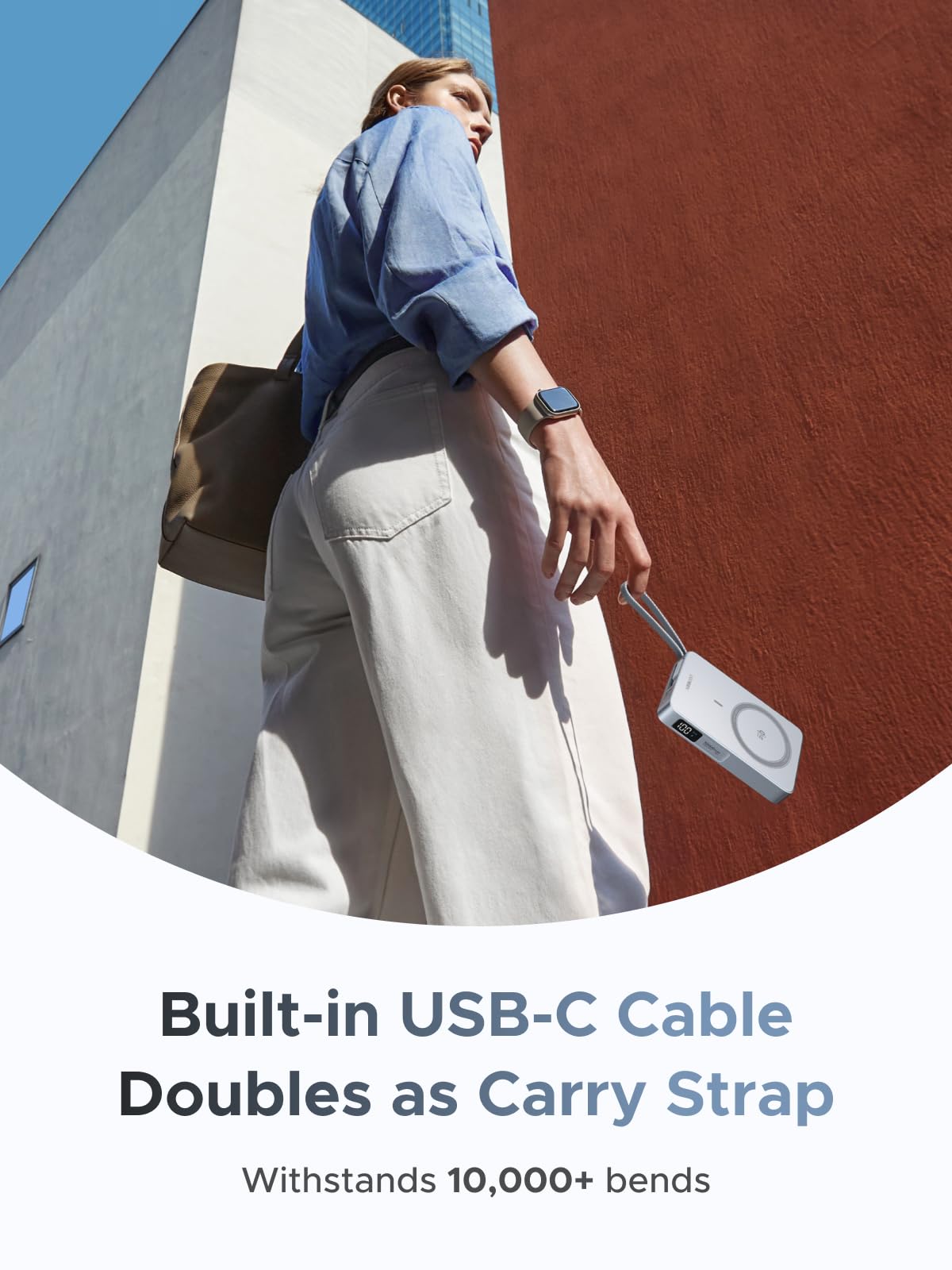 Thiết kế cáp USB-C tích hợp kiêm quai xách bền bỉ của sạc dự phòng UGREEN MagFlow