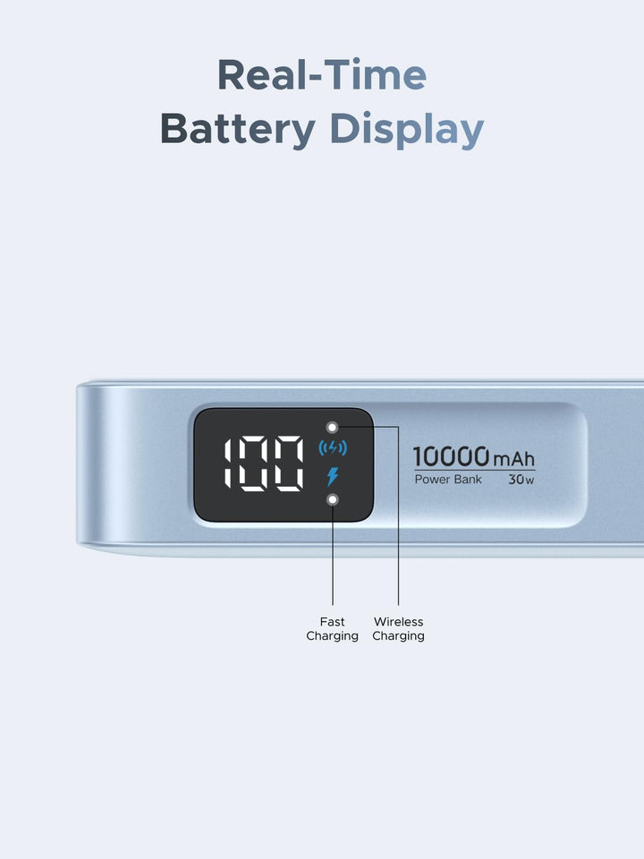 UGREEN MagFlow Magnetic Wireless Power Bank includes a real-time battery display, showing charge level, fast charging, and wireless indicators, enhancing usability of this magsafe power bank.