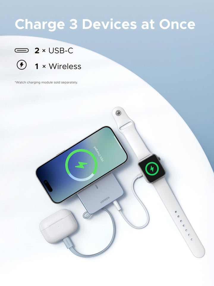 UGREEN MagFlow Magnetic Wireless Power Bank supports charging 3 devices at once with 2 USB-C ports and wireless charging, a magsafe power bank that powers phone, earbuds, and smartwatch simultaneously.