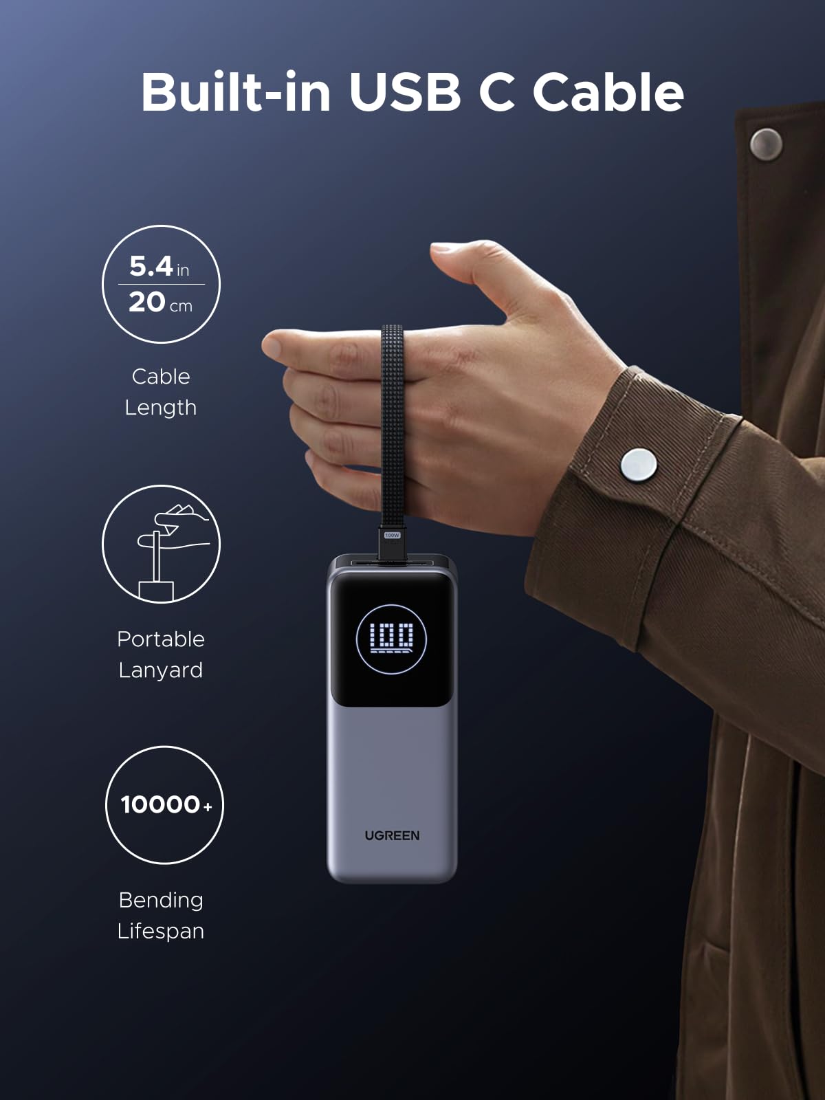 UGREEN 20000mAh Power Bank - Built-in Cable & 3-Device Charging