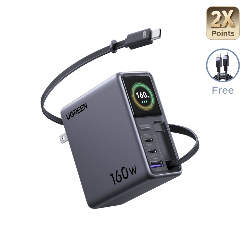 UGREEN Nexode Pro 160W Charger with Retractable USB-C Cable