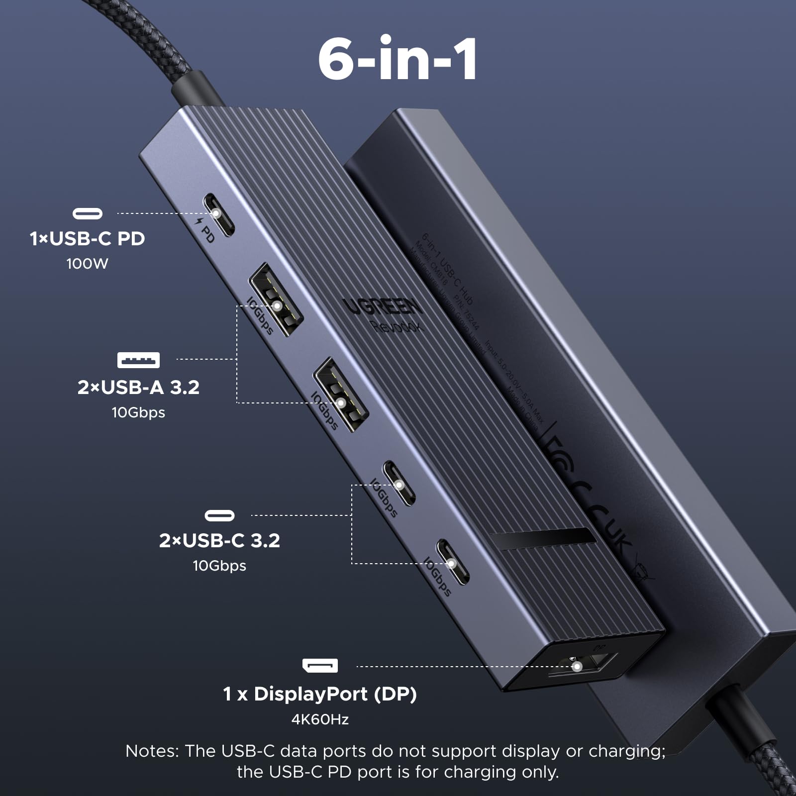 UGREEN Revodok Pro 6 in 1 USB-C Hub (DP 4K60Hz, PD 100W, 10Gbps