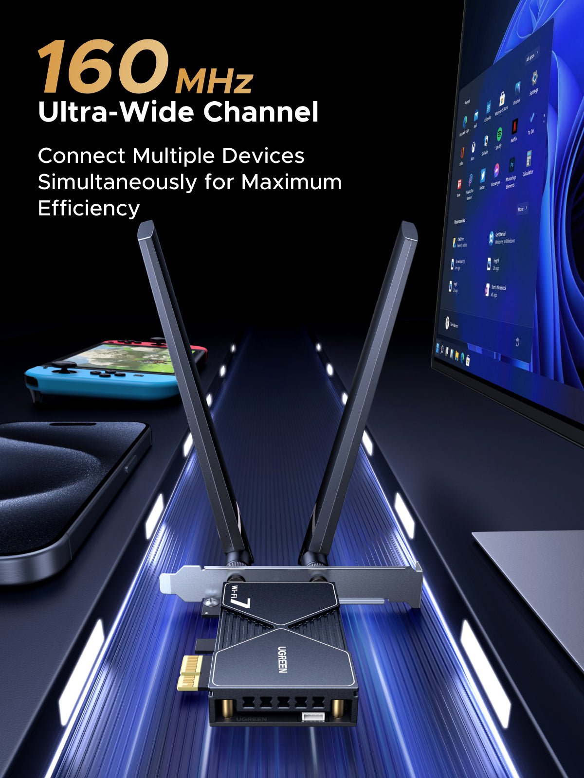 UGREEN WiFi 7 BE6500 PCIe WiFi Card, Bluetooth 5.4, IEEE 802.11ax/be, 6G 2882Mbps/5G 2882Mbps/2.4G 688Mbps Tri Band, MLO Technology, Flexible Dual 6dBi High Gain Antenna, WPA3, Support Windows 11 Only