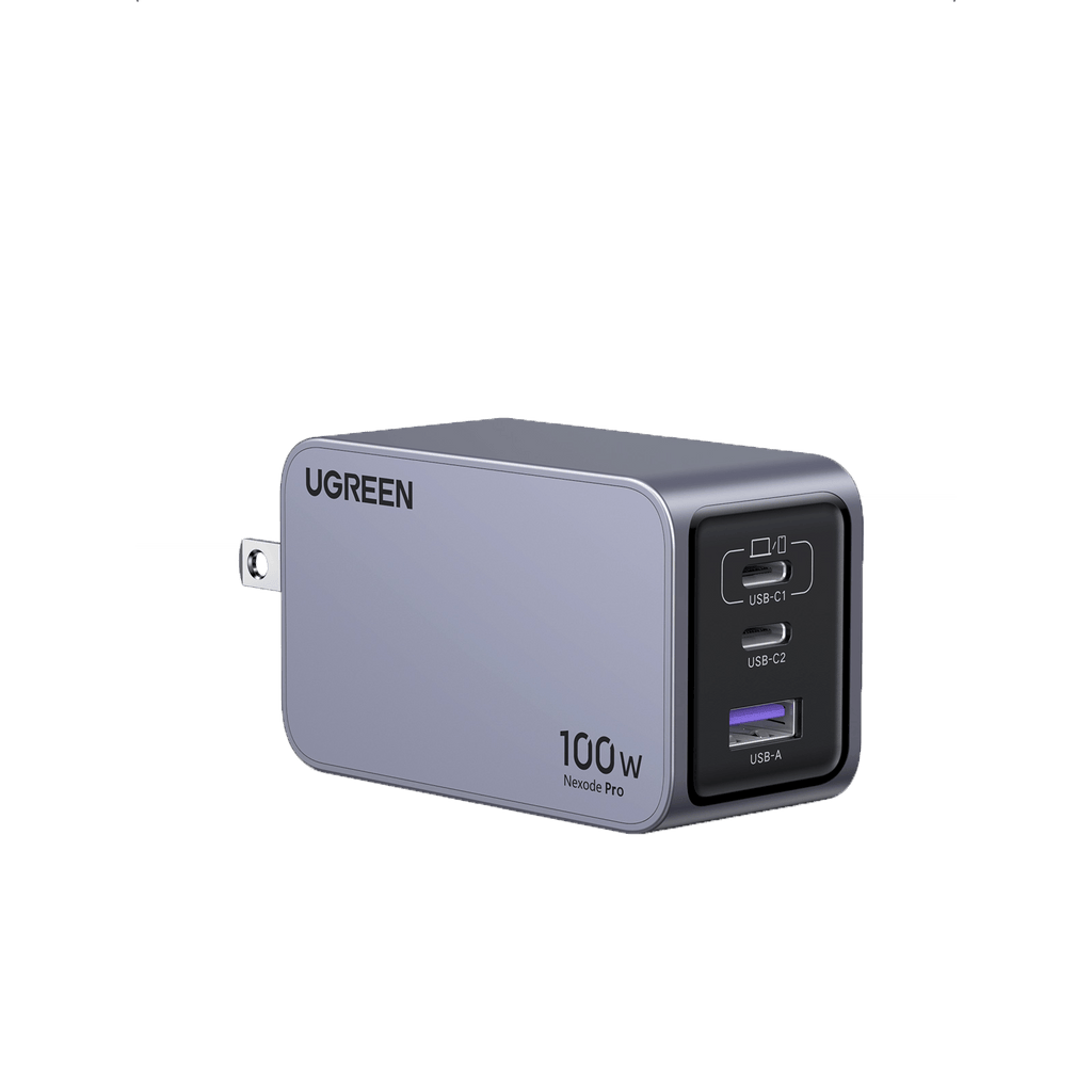UGREEN 100w Nexode Pro charger in a sleek gray color, featuring a USB-A port and two USB-C ports (USB-C1 and USB-C2).