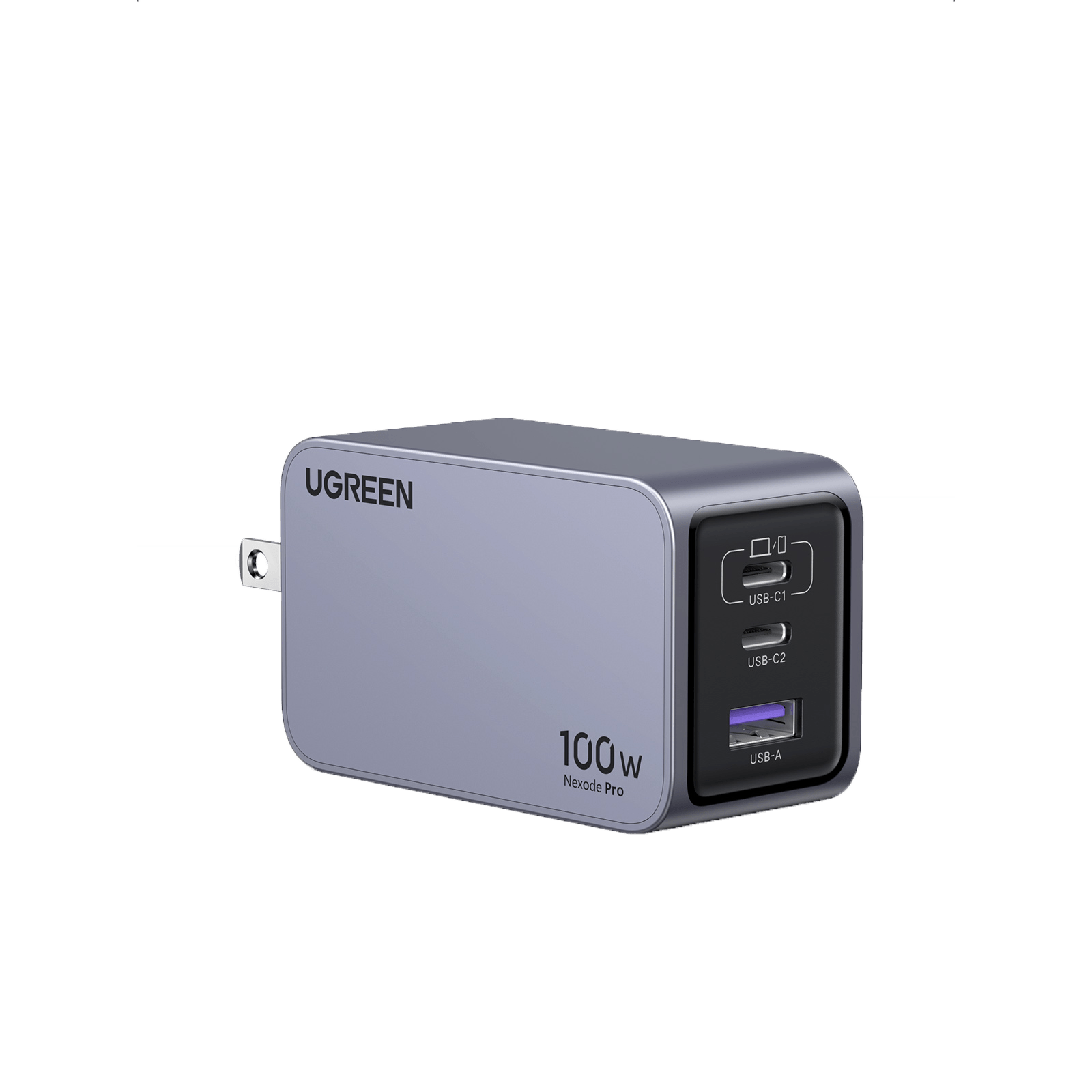 UGREEN 100w Nexode Pro charger in a sleek gray color, featuring a USB-A port and two USB-C ports (USB-C1 and USB-C2).