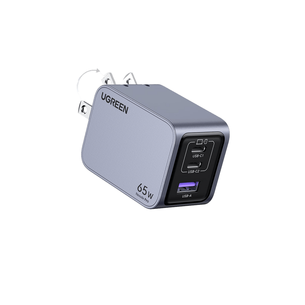 UGREEN 65w Nexode Pro iphone charger in a sleek gray color, featuring a USB-A port and two USB-C ports (USB-C1 and USB-C2)
