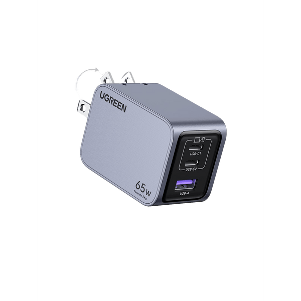 UGREEN 65w Nexode Pro iphone charger in a sleek gray color, featuring a USB-A port and two USB-C ports (USB-C1 and USB-C2)
