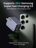 UGREEN nexode pro 65w iphone charger  that supports 45W Samsung Super Fast Charging 2.0. It is designed for the Galaxy S23 Ultra and can fully charge it in 1 hour. Note: Requires a 5A charging cable.